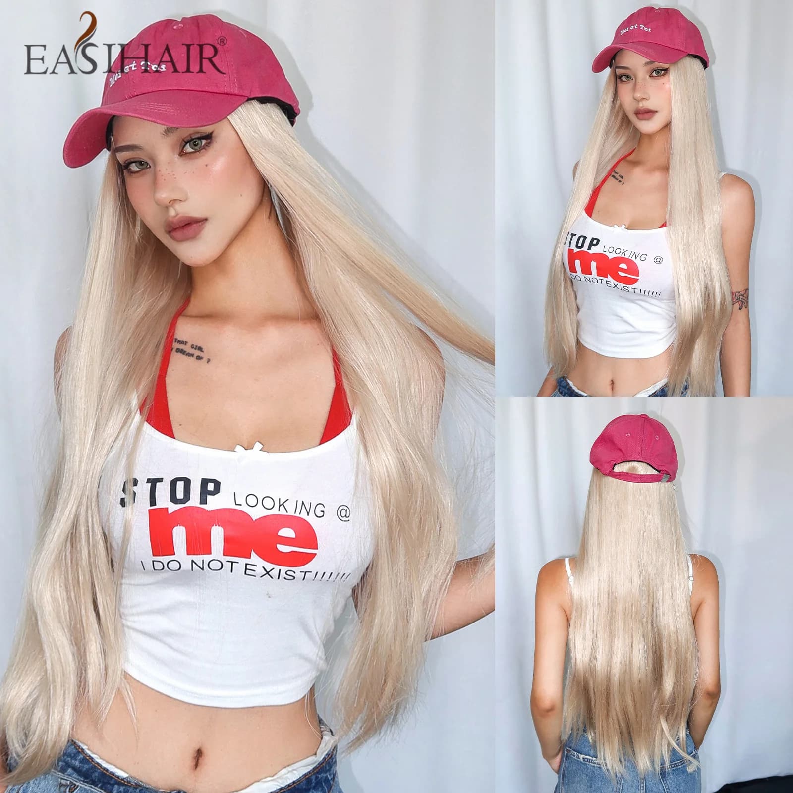 Parrucche sintetiche per cappelli biondi lunghi e lisci Berretto da baseball rosa con estensioni dei capelli Parrucca per cappello con connessione regolabile da donna in un unico pezzo