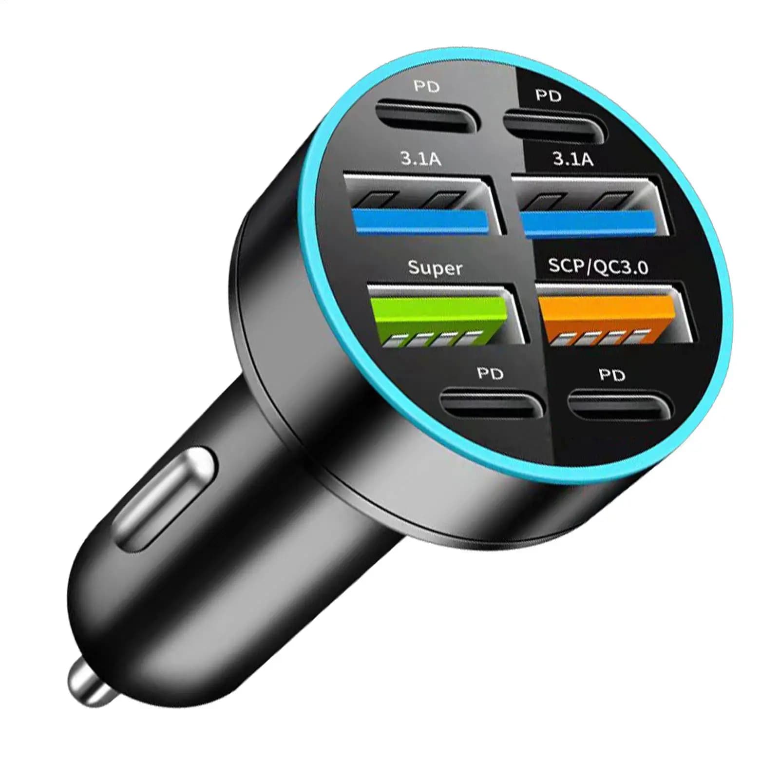 66W 6Port USB Car Charger Fast Charge Digital Display PD QC 3.0 Car Phone Charger Adapter Multifunctional