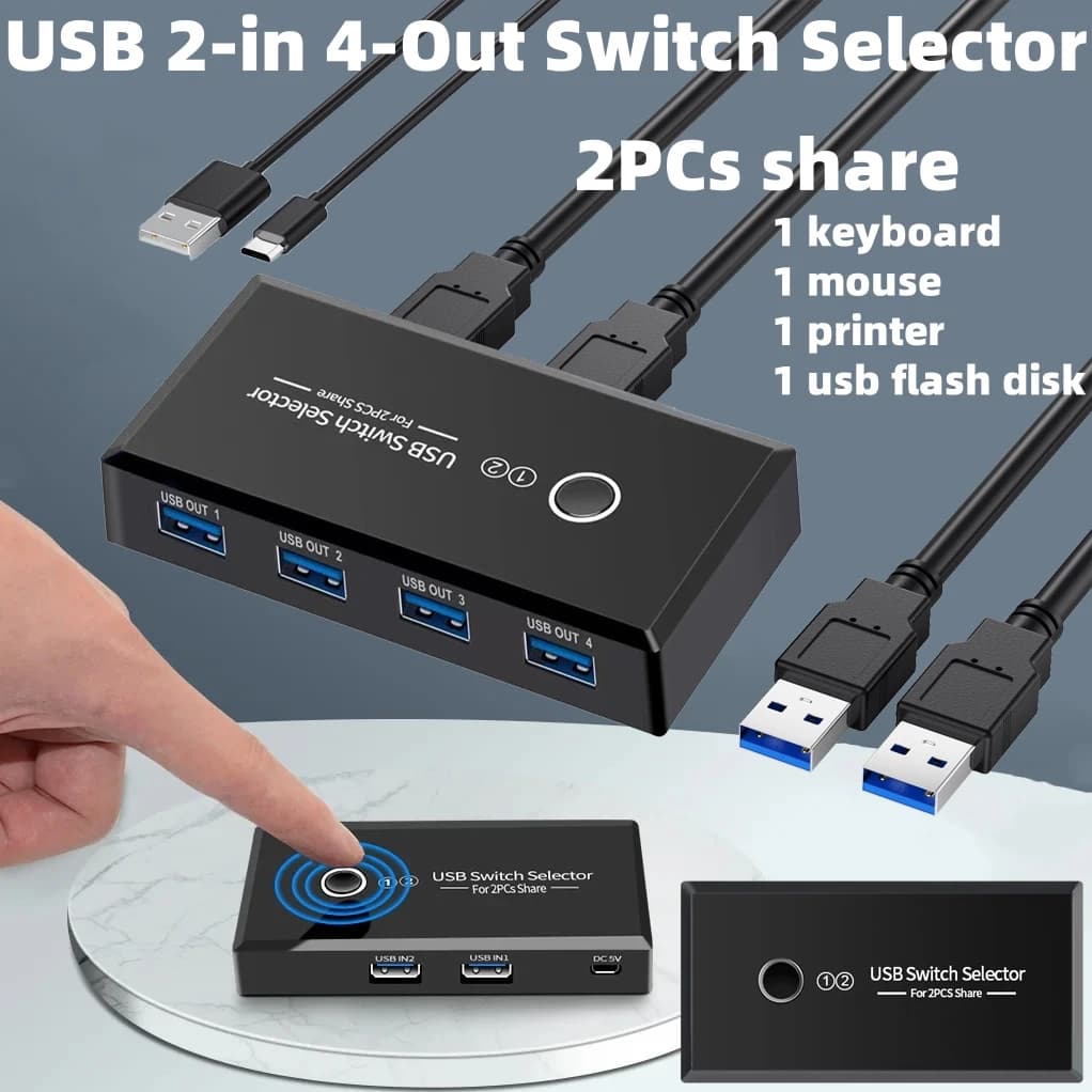 Switch selector KVM USB 2.0/3.0 Hub 2 in 4 out Share 1 keyboard/mouse/printer/disco U between 2 PC Plug & Play for Win/Mac/Linux