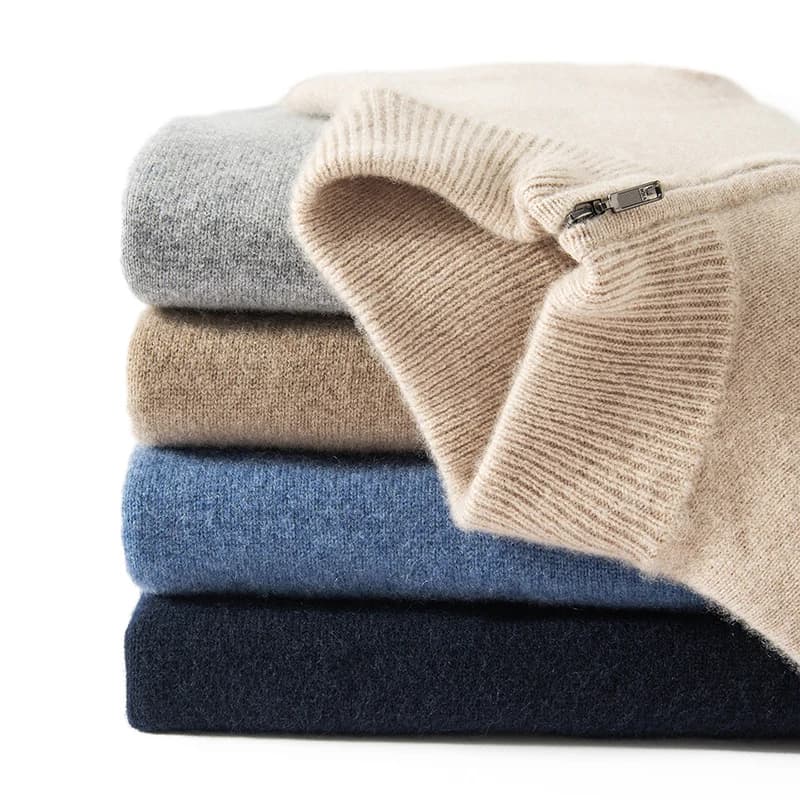 Maglione da uomo in cashmere 100% ispessito a doppio strato con sette aghi, mezza dolcevita con cerniera, maglieria da lavoro, camicia base a strati