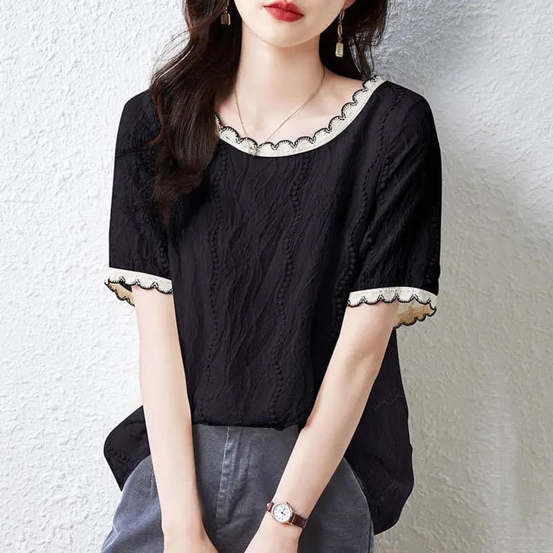 Fashion O-Neck Spliced Ruffles Casual Blouse Female Clothing 2025 Summer New Korean Pullovers Tops Commute Shirt