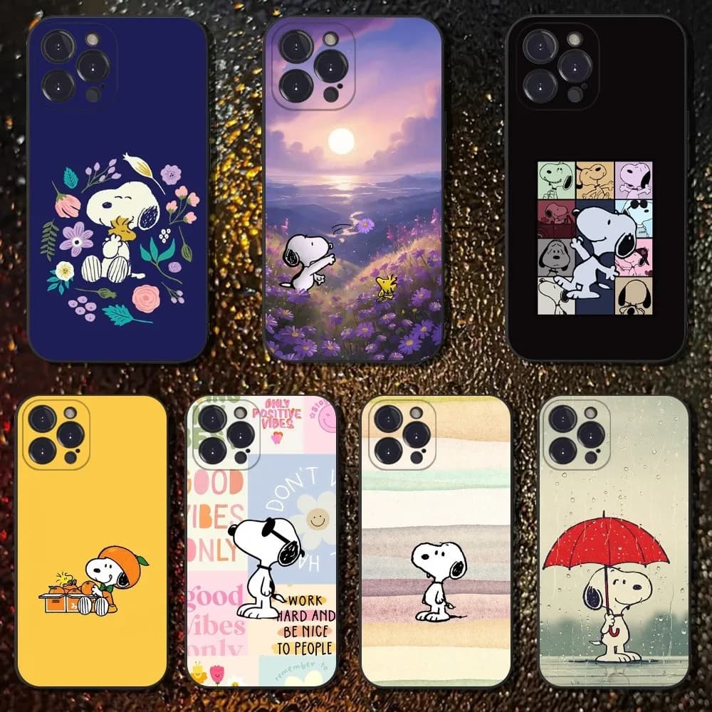 Custodia per telefono Cartoon S-Snoopys per iPhone 16,15,14,13,12,11 Plus,Pro Max, XS, X, XR, SE, Mini, 8,7, Cover morbida in silicone nero