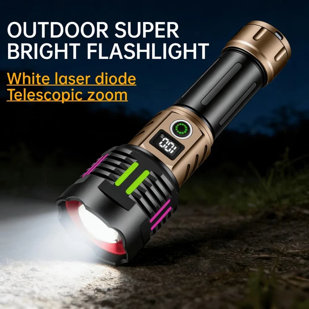 Torcia LED Laser Super Luminosa Bianca, Ricarica Type-C, Zoom Telescopico, Impermeabile, per Escursionismo, Pattugliamento, Campeggio