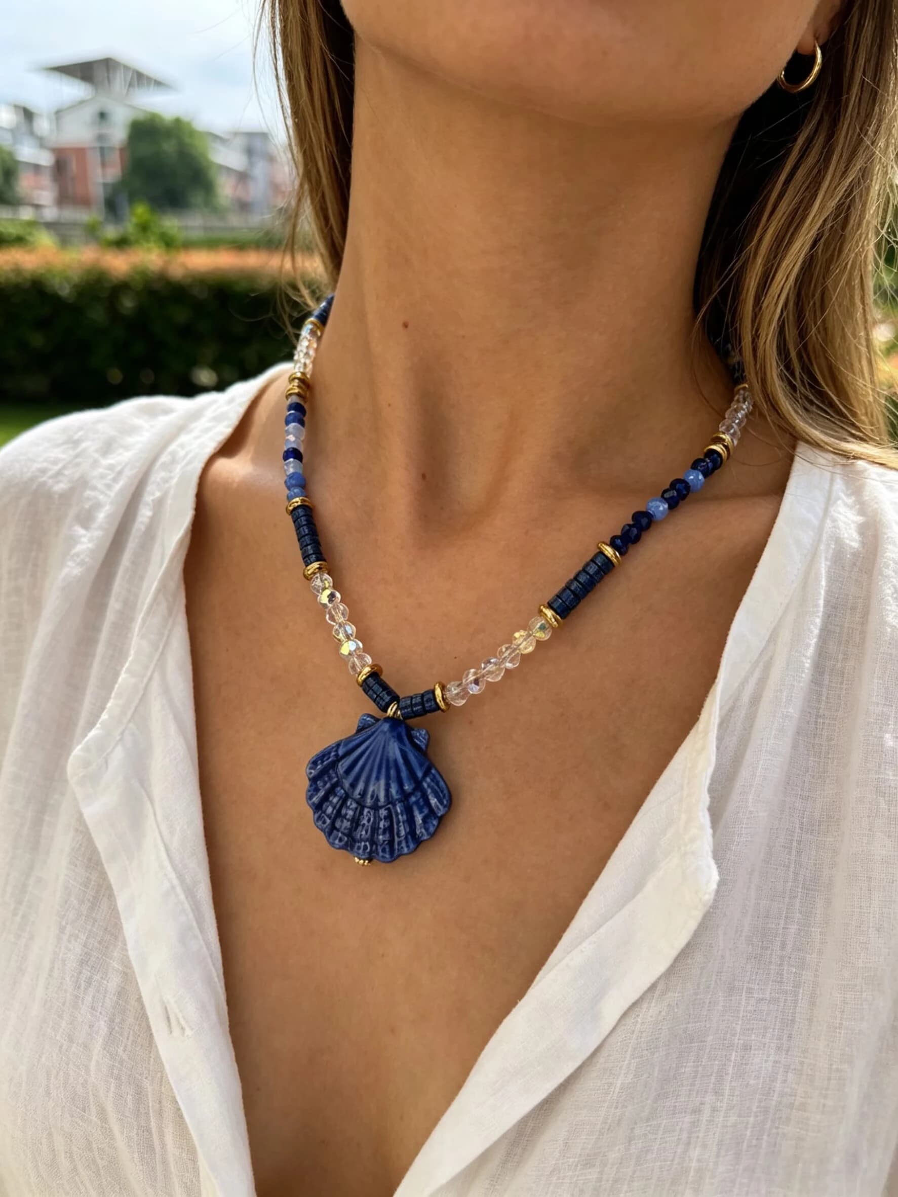 GHIDBK Ocean Deep Blue Shell Ceramic Pendant Women's Necklace Acrylic Bead Fashion Creative Design Jewelry Accessories Gifts
