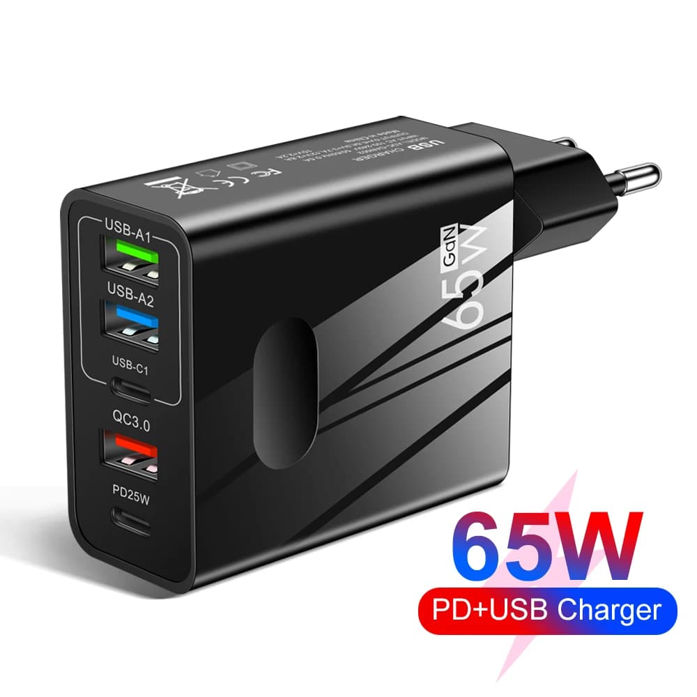 Caricatore Rapido USB C GaN da 65W con 5 Porte QC3.0, Adattatore da Viaggio a Ricarica Veloce 3.1A per iPhone Samsung Xiaomi, Spina EU/US/UK