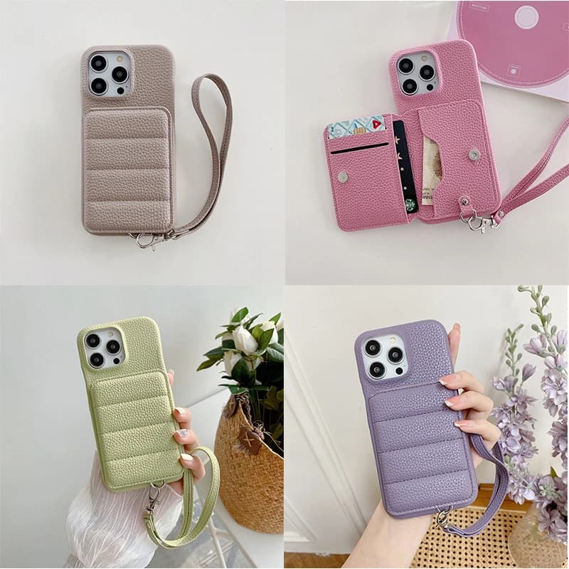 Custodia a Portafoglio con Cinturino da Polso per iPhone 15 14 13 12 11 Pro Max, Lussuosa Cover Antiurto in Pelle PU con Motivo Litchi