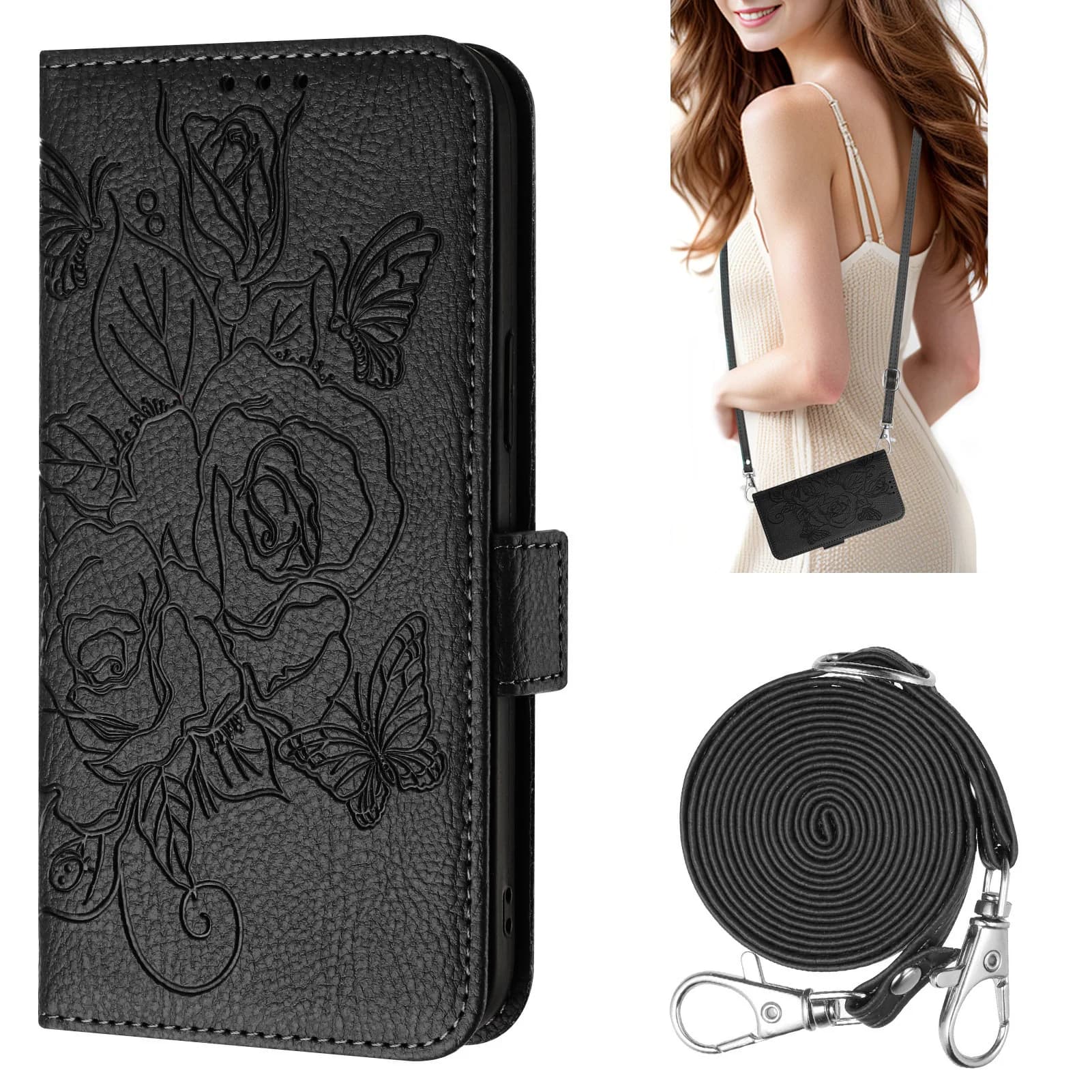 Custodia a Portafoglio a Tracolla con Motivo a Rose per Xiaomi POCO X7 Pro X6 Neo X5 X4 X3 NFC F7 F6 F5 in Pelle con Tracolla e 3 Scomparti per Carte, Cover a Flip
