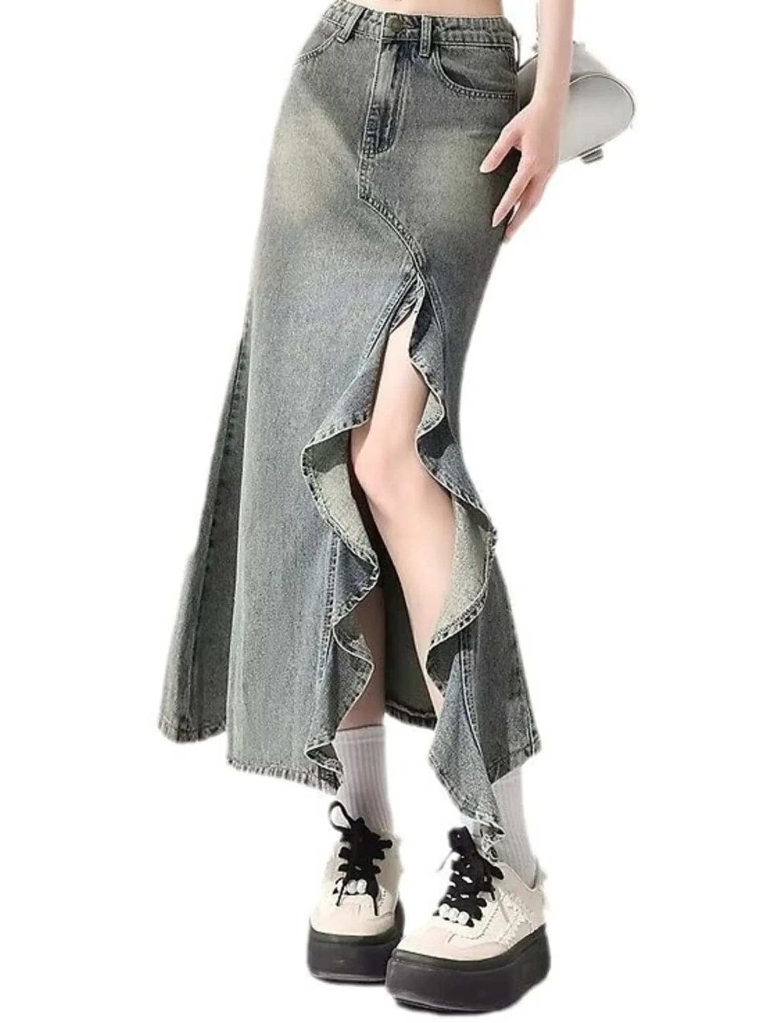 Gonna lunga da donna in denim vintage lavato a vita alta con spacco frontale e orlo a balze, taglie XS-3XL