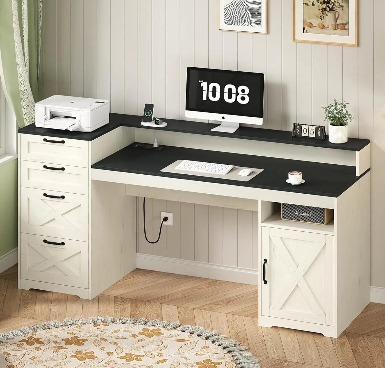 Scrivania per Computer Stile Fattoria con 4 Cassetti, Scrivania Direzionale da 63 Pollici con Ripiano per Stampante, Supporto per Monitor, Scrivanie per Ufficio Domestico, Personalizzabile