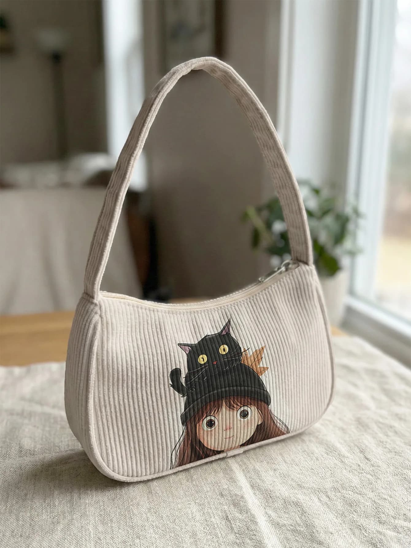 Borsa a Tracolla Trendy con Stampa Ragazza Cartoon e Gatto Nero, Borsa Sottobraccio in Velluto a Coste Beige per Uso Quotidiano Casual