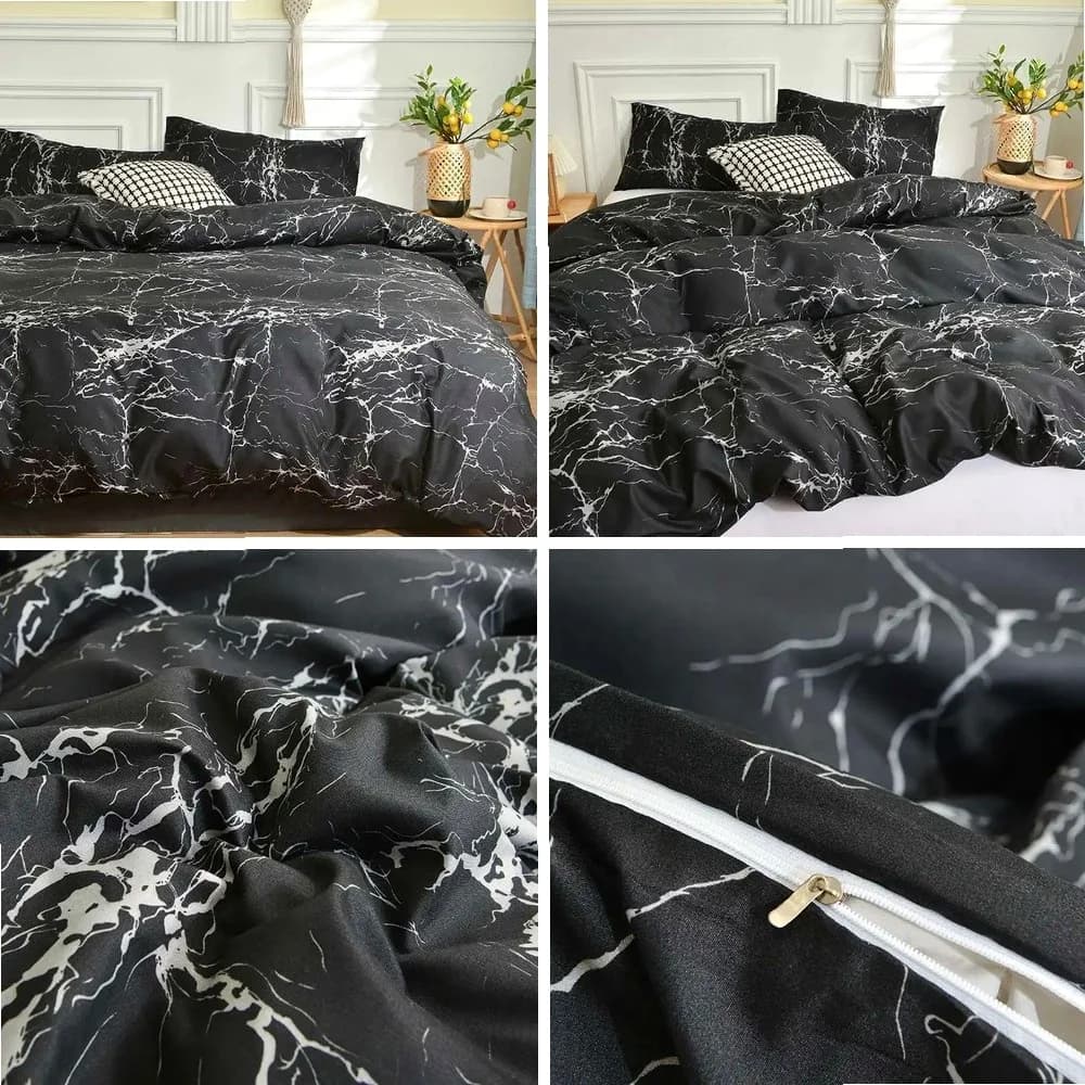 Set Copripiumino in Marmo Nero - Stampa Reattiva, Misura Queen/King 220x240cm, Copripiumino Matrimoniale 200x200