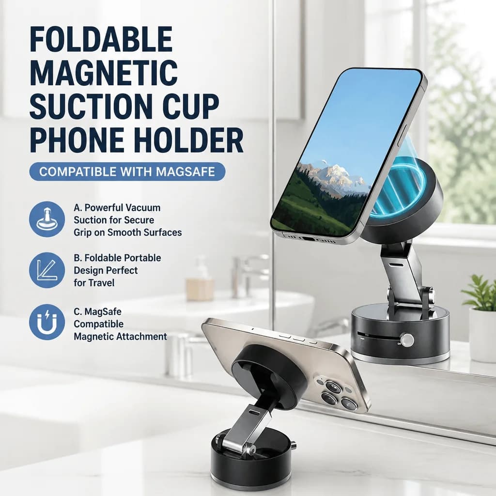 Magnetic Phone Holder MagSafe Compatible Suction Cup Mount Foldable Portable Travel Stand Smooth Surface Glass Mirror Tile Desk