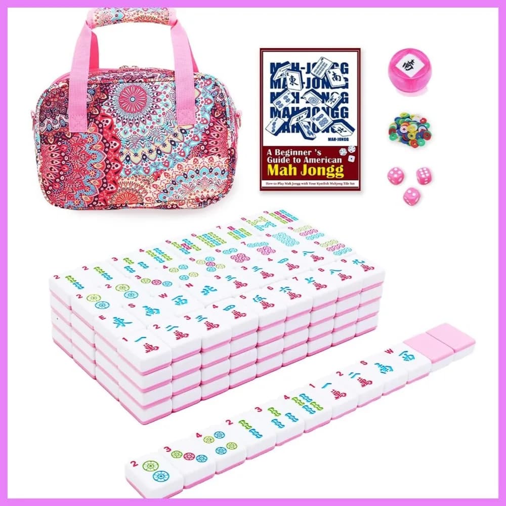 Set Mahjong Americano da 166 Pezzi con Tessere Rosa, Borsa, Dadi, Fiches, Indicatore del Vento, Gioco da Viaggio