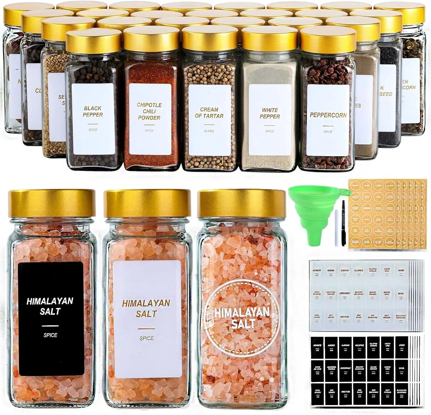 36‑Pack 4‑Oz Gold‑Tone Glass Spice‑Jar Set, Shaker Lids, With Labels, Suitable for Spice‑Rack Display