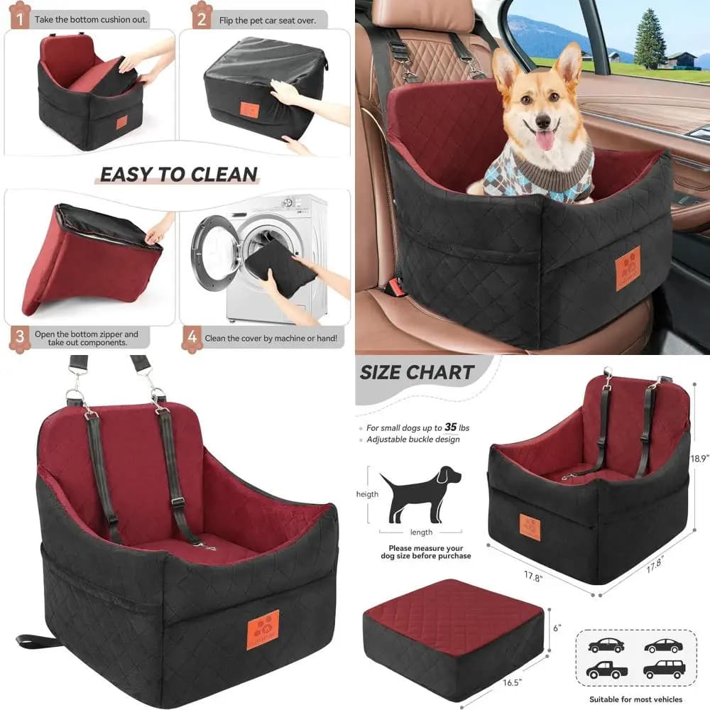 Seggiolino Auto Portatile per Animali Domestici con Cuscino per Cani Piccoli/Medi Sotto i 16 kg, Rivestimento Rimovibile Lavabile, 2 Cinture di Sicurezza - Nero/Rosso