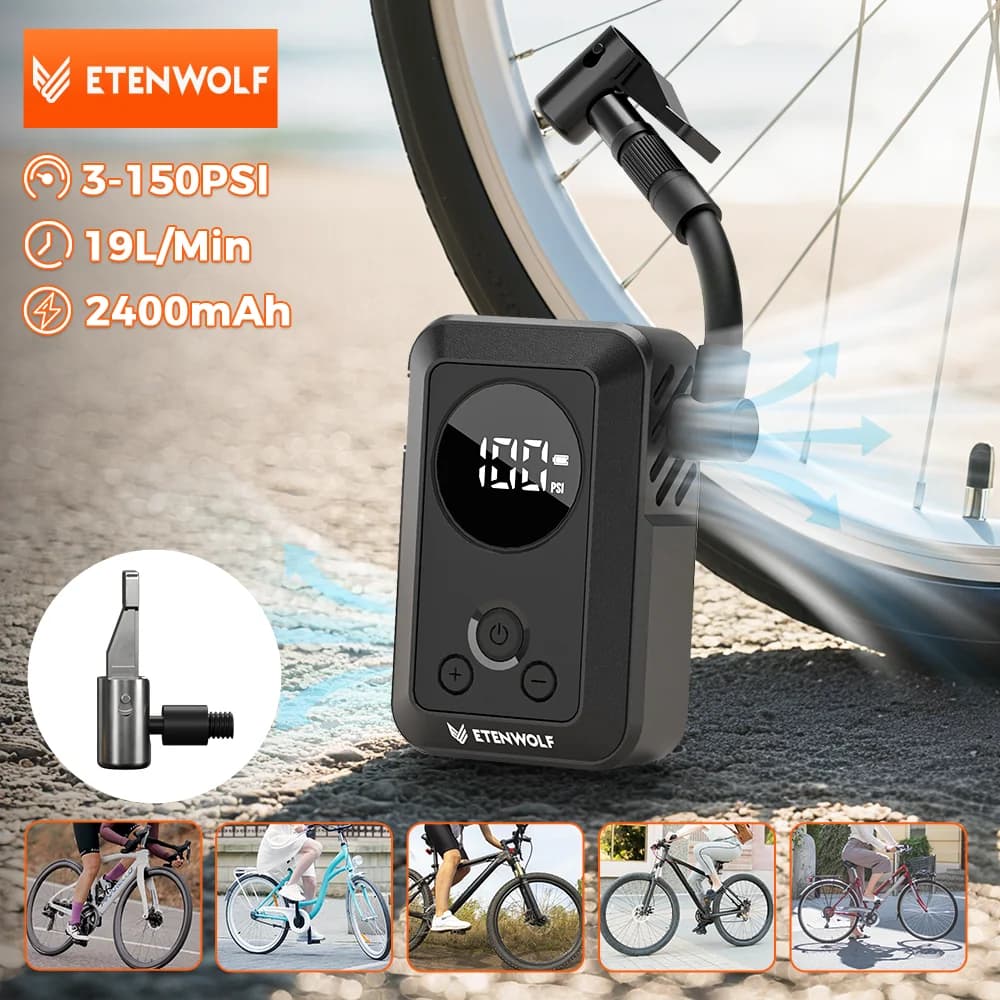Nuova pompa elettrica per pneumatici ETENWOLF S0, pompa ad aria portatile da 2400mAh con schermo per pallacanestro e calcio, pressione massima 150 PSI