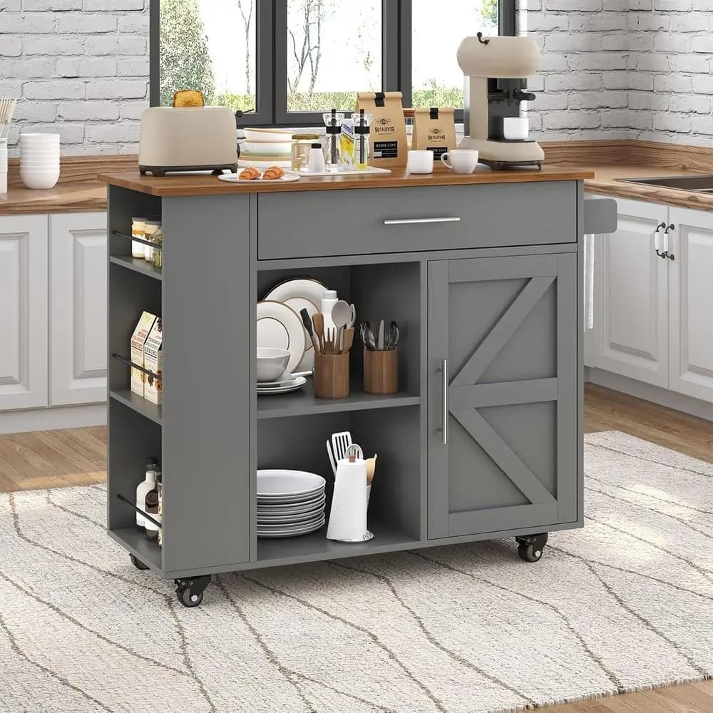39 Mobile Kitchen Island with Storage, Spice Rack, Adjustable Shelf, and Towel Bar - Grey for Small Spaces