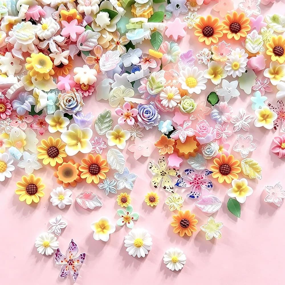 50pcs mix Daisy Sunflower Lily Flower Nail Charms 3D Summer Cherry Blossom Nail Decorations Flatback Resin Floral Leaves Nail Su
