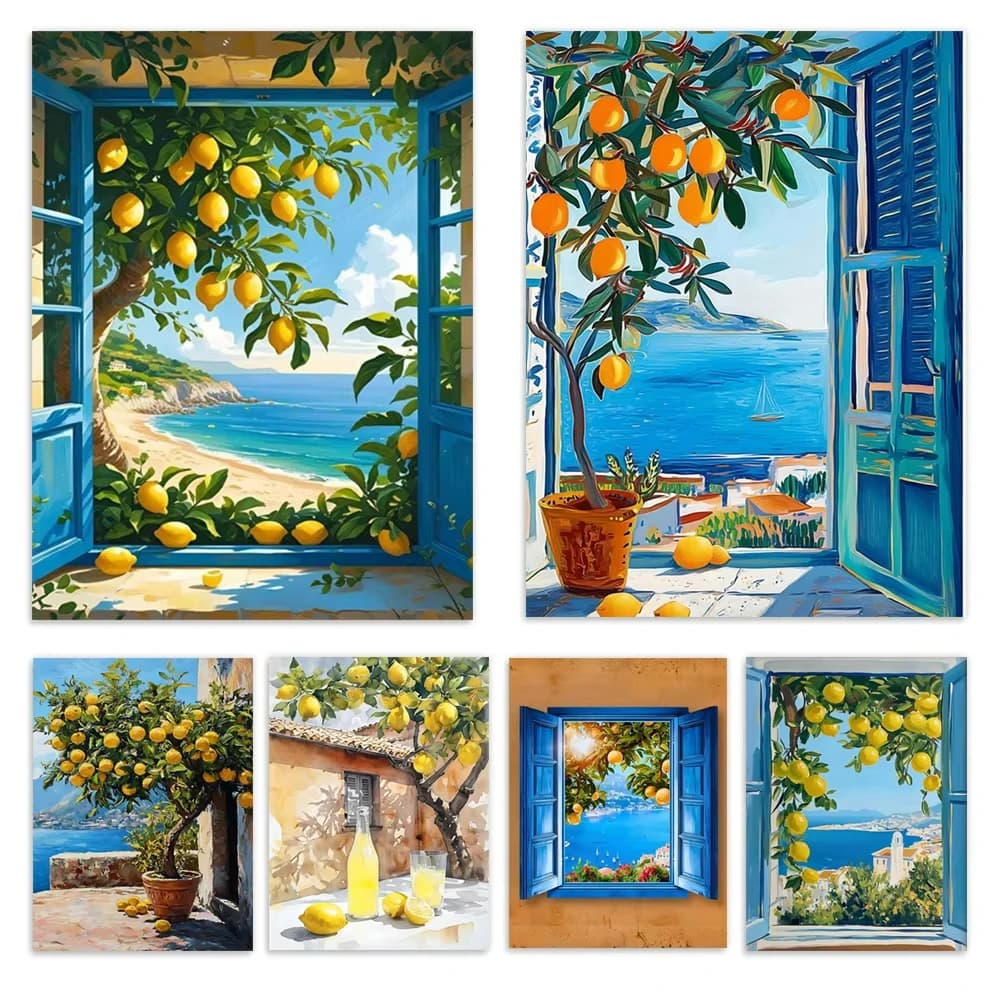 Kit Mosaico Fai da Te Pittura Diamantata Vista Finestra Mediterranea Limoni Albero Estivo Blu Mare Ricamo a Punto Croce Decorazione Casa Regalo