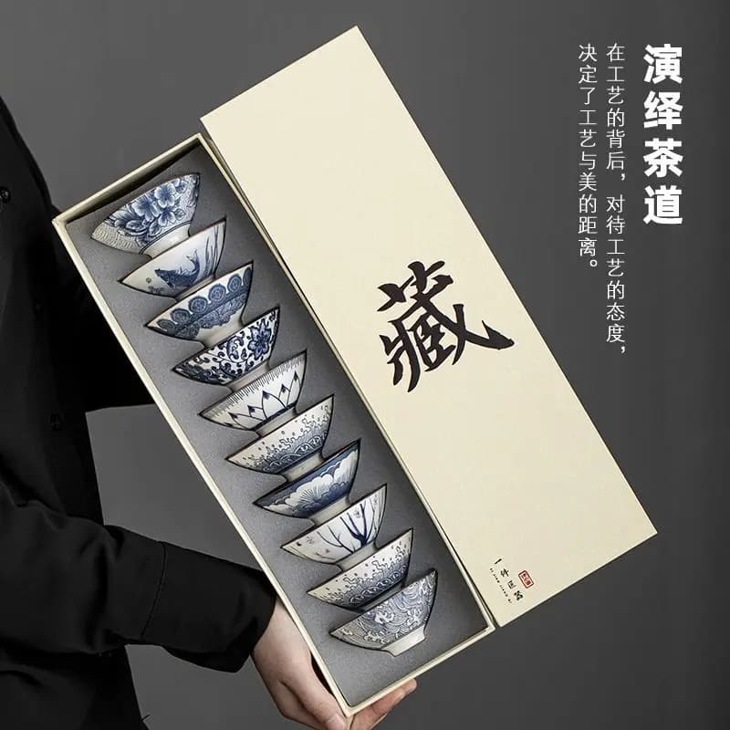 Blue And White Porcelain Teacups 10 Pcs Set Ceramic Vintage Cone Kung Fu Tea Tasting Bowls Gift Set For Tea Lovers With Gift Box