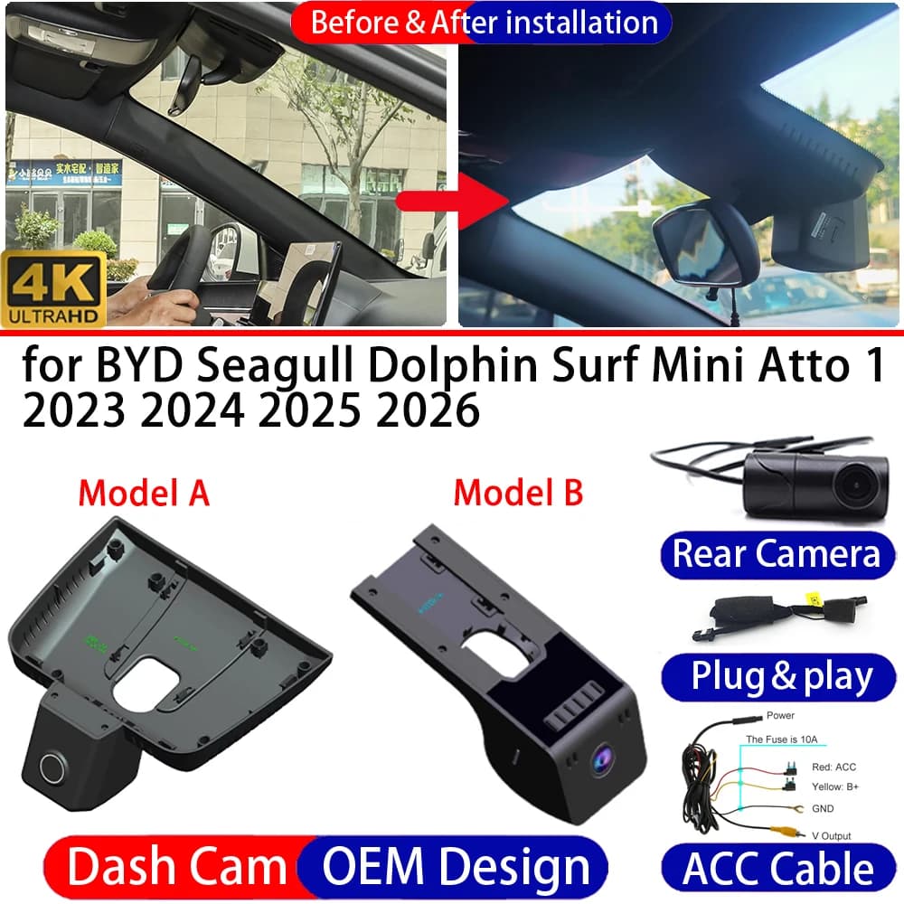 Dash Cam for BYD Seagull Dolphin Surf Mini Atto 1 2023-2026 Front＆Rear 4K UHD DVR Dashboard Camera Video Recorder Parking Mode