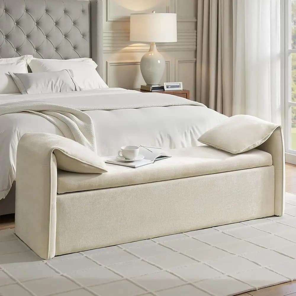 Panca contenitore imbottita beige oversize con cuscini per letti king size, ideale per ingresso e ripostiglio