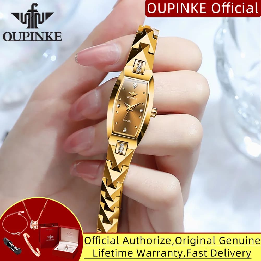 OUPINKE 3242 Swiss Quartz Watch for Women Tonneau Diamond Dial Tungsten Steel Waterproof Top Luxury Elegant Ladies Wristwatches
