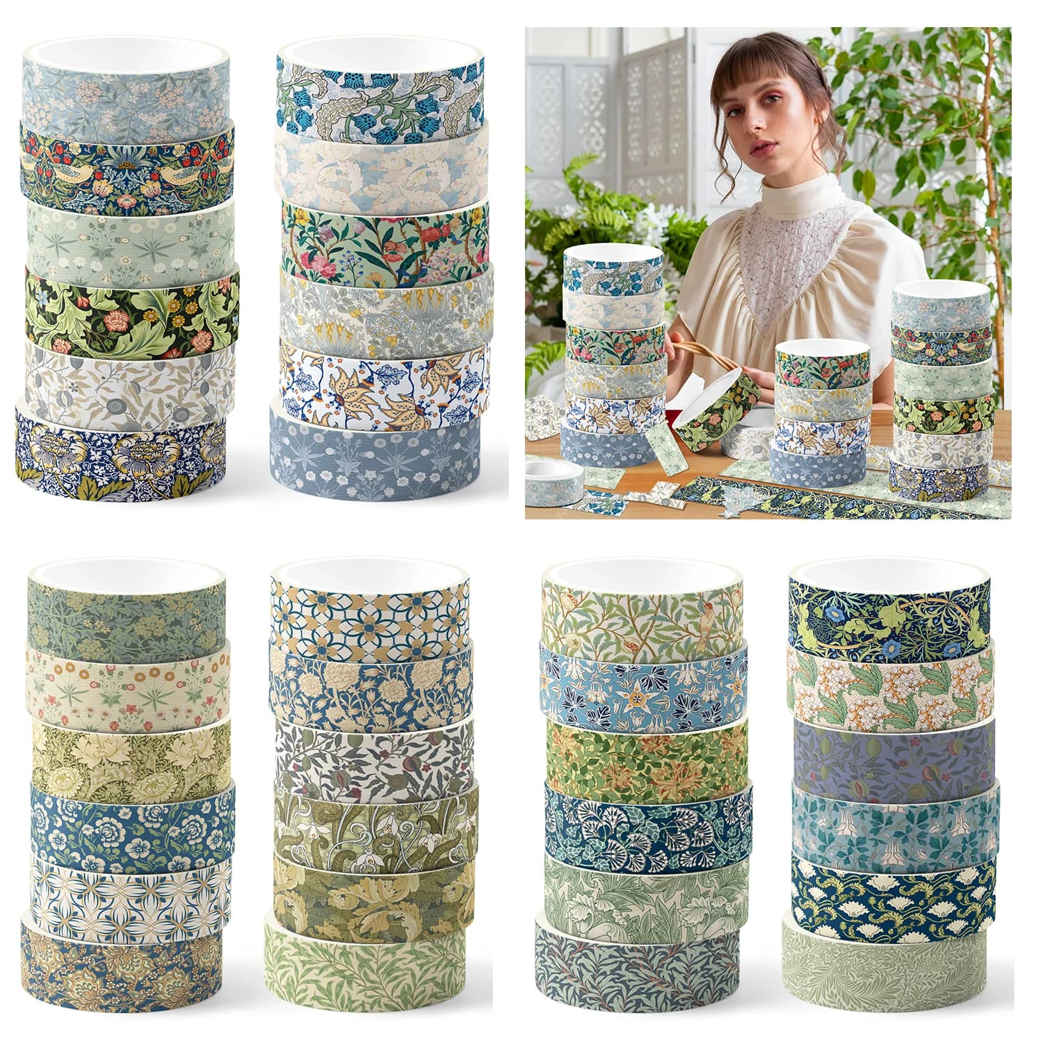 12 Rolls Retro Vintage Flower Washi Tape Set,Decorative Paper Stickers,DIY Craft Tape for Gift Wrapping, Scrapbooking Supplies