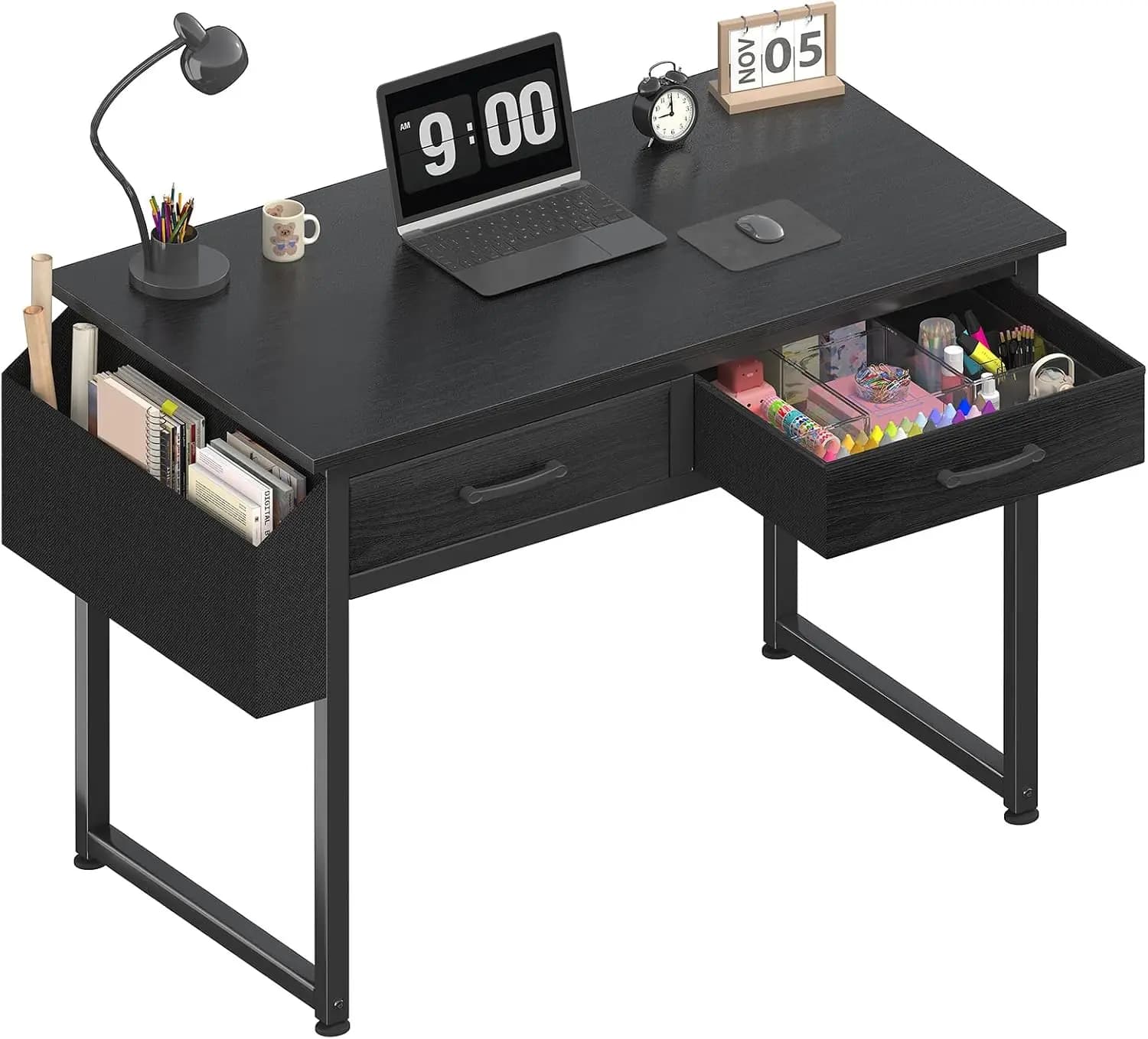 Scrivania piccola da 32 pollici con cassetti in tessuto per camera da letto, gaming e studio, tavolo da scrittura per PC, colore nero