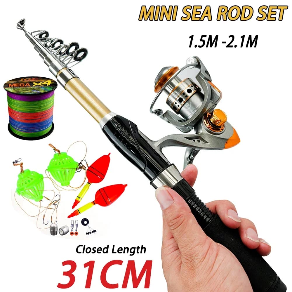 Canna da pesca Mulinello Combo Canna da pesca telescopica FRP Rapporto di trasmissione 5.2: 1 Mulinello con linea/Fagiolo spaziale Kit da pesca galleggiante in mare 1.5-2.1m