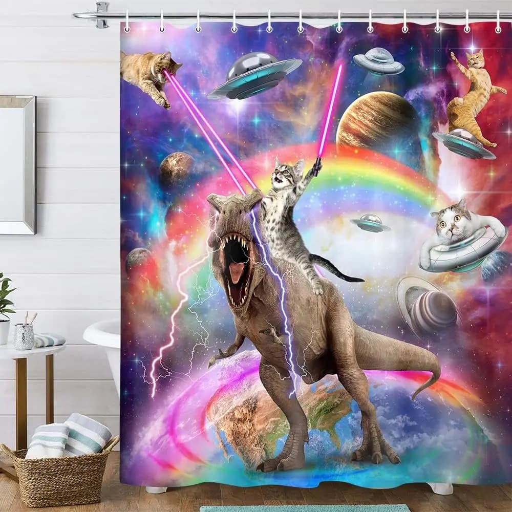 Divertente tenda da doccia per gatti, decorazione per il bagno dei ragazzi e dei bambini, tenda divertente con dinosauro che cavalca sulla galassia fantasy, tenda divertente per lo spazio esterno