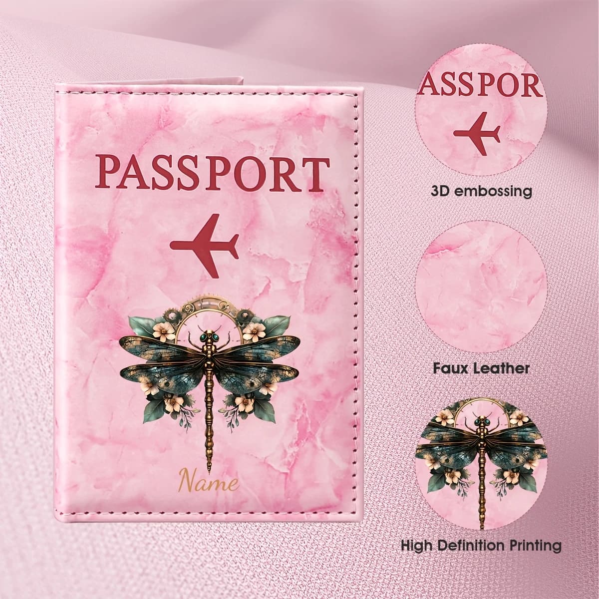 Custom Name Vintage Insect Art Design PU Passport Holder, Blend of Dragonfly And Floral Elements That Embody Natural Aesthetics