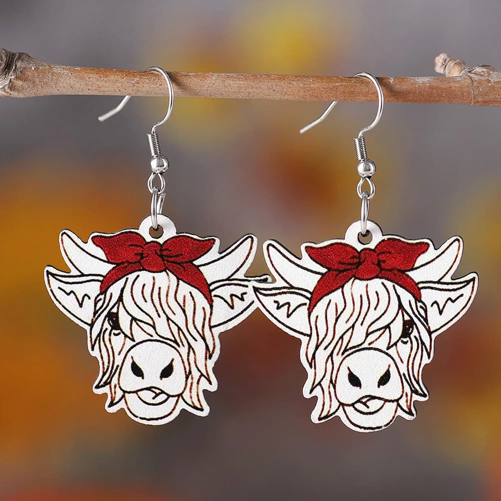Orecchini pendenti personalizzati con testa di mucca e fiore con fiocco da fattoria del vento occidentale transfrontaliero europeo e americano, orecchini in legno a doppia faccia