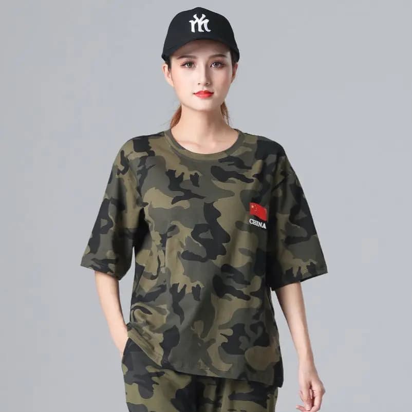 Summer 2025 Military Green Short Sleeve Women's T-shirt Outdoor Square Dance Top Large Size Casual Female Fashion