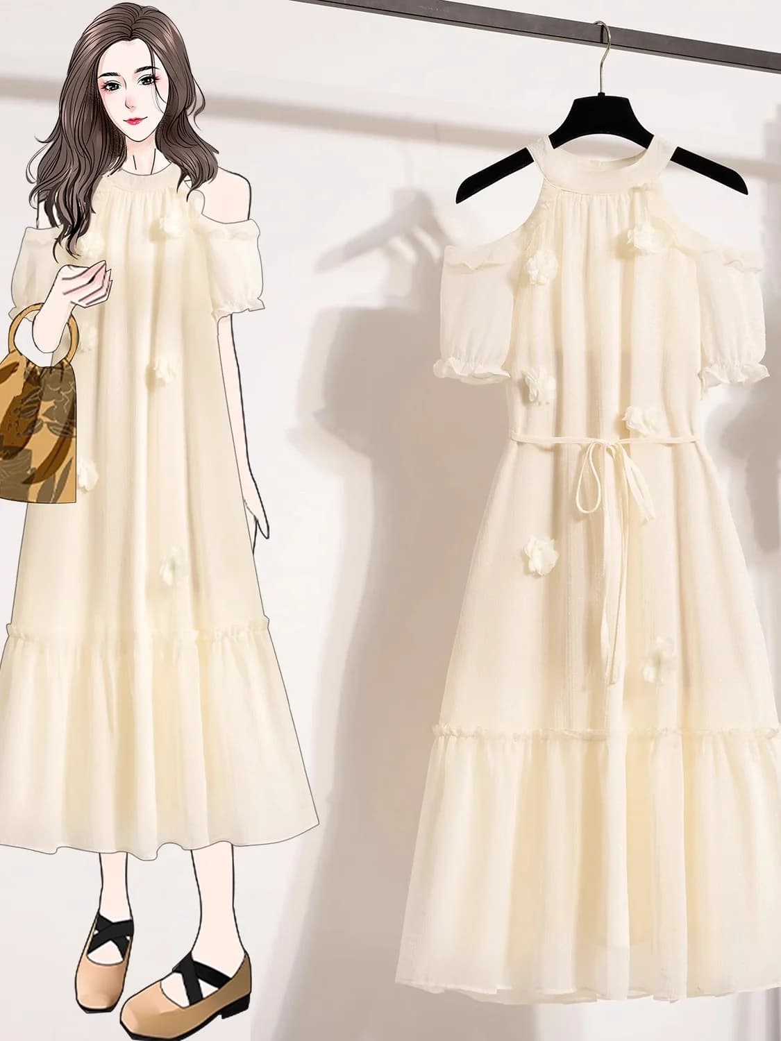 Shoulder Bared 3D Flower Hanging Neck Long Skirt Dress Summer New Style High Waist A-Line Korean Version for plus Size Women