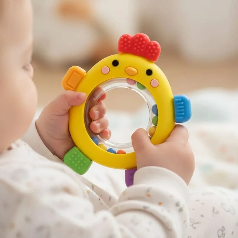 Nuovo Massaggiagengive in Silicone a Forma di Pulcino con Sonaglio, Design Facile da Afferrare, Anelli per la Dentizione 3-12 Mesi