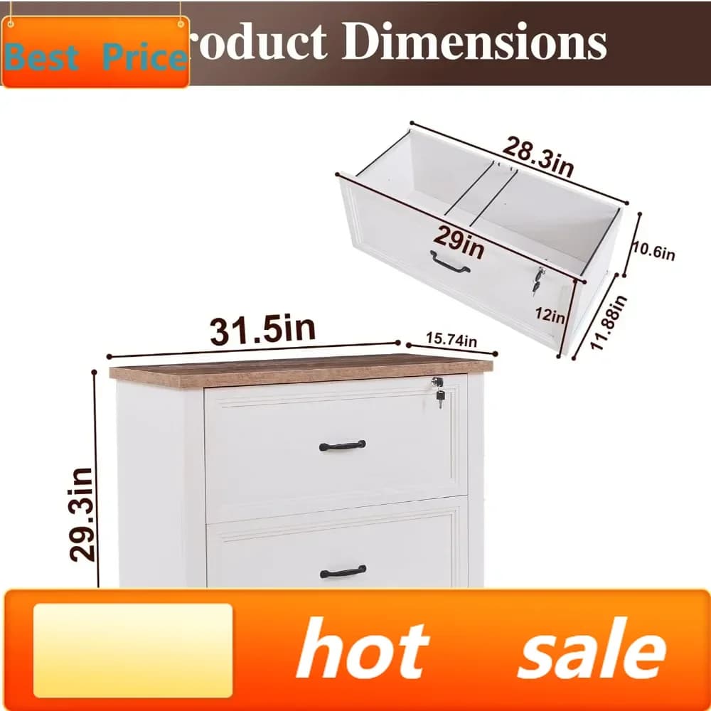 Bestseller: Armadietto portadocumenti in stile rustico con 2 cassetti, armadietto portadocumenti in legno da 31,5 pollici con schedari sospesi, cassetto superiore con serratura.