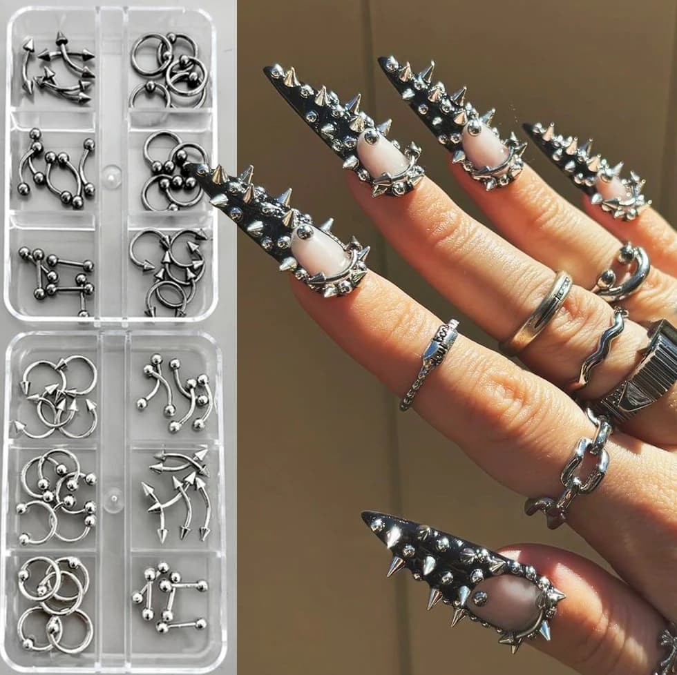6Grids 3D Punk Black Silver Nail Piercing Charms Gothic Metal Arrow/Cone Spikes/Ring Nail Rivets Studs Nail Art Alloy Ornaments