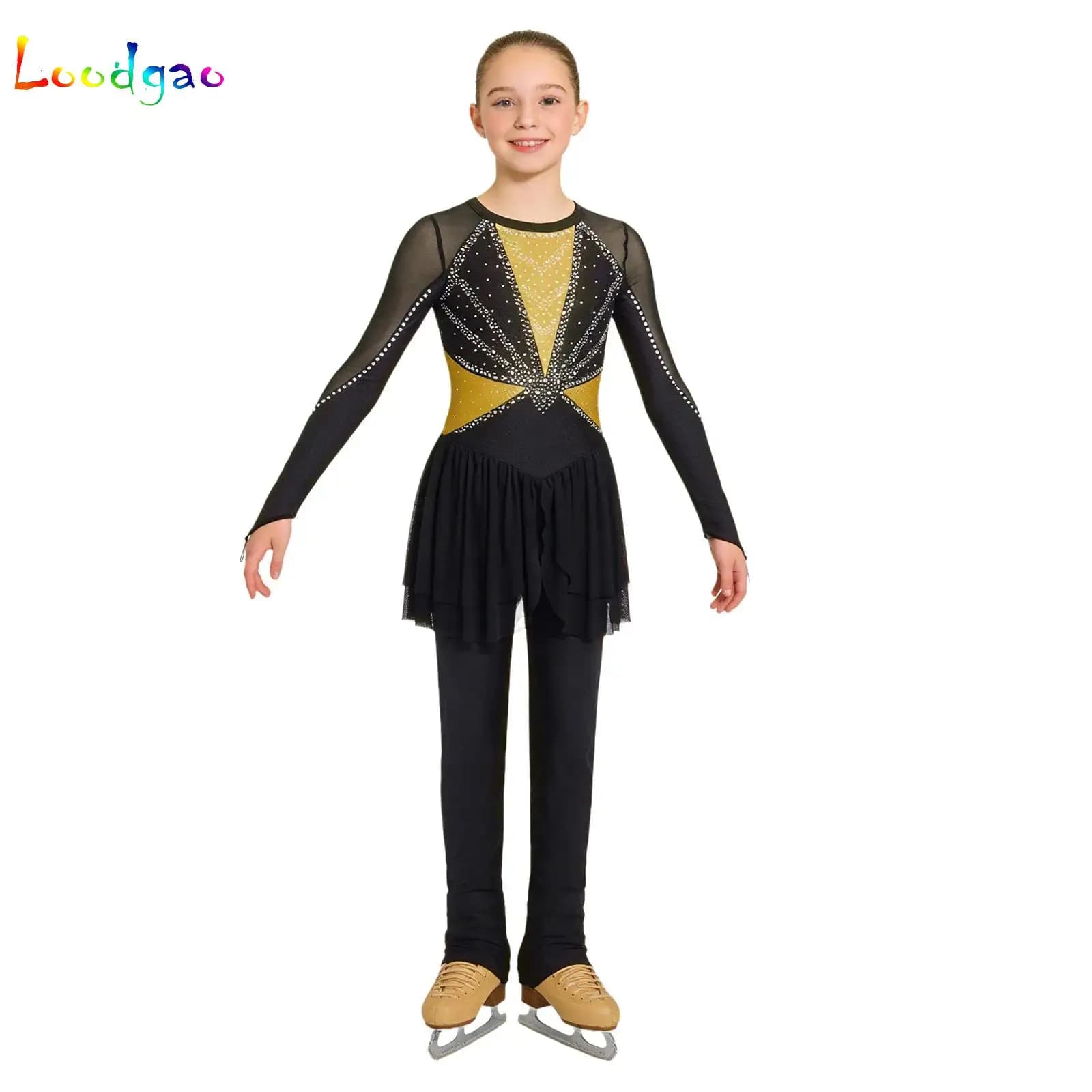 Tuta da Ginnastica Artistica per Bambine, Costume da Pattinaggio Artistico, Abito da Danza Classica, Unitard a Maniche Lunghe con Fori per le Dita e Gonna