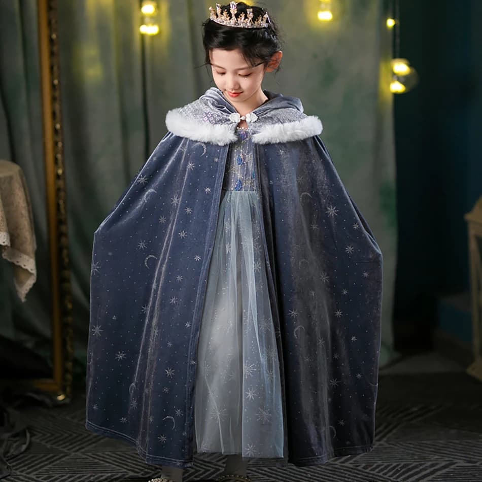 Mantello con Cappuccio per Bambine con Stampa a Fiocchi di Neve Autunno Inverno, Scialle Primaverile, Costume di Carnevale, Mantello da Principessa Elsa per Halloween