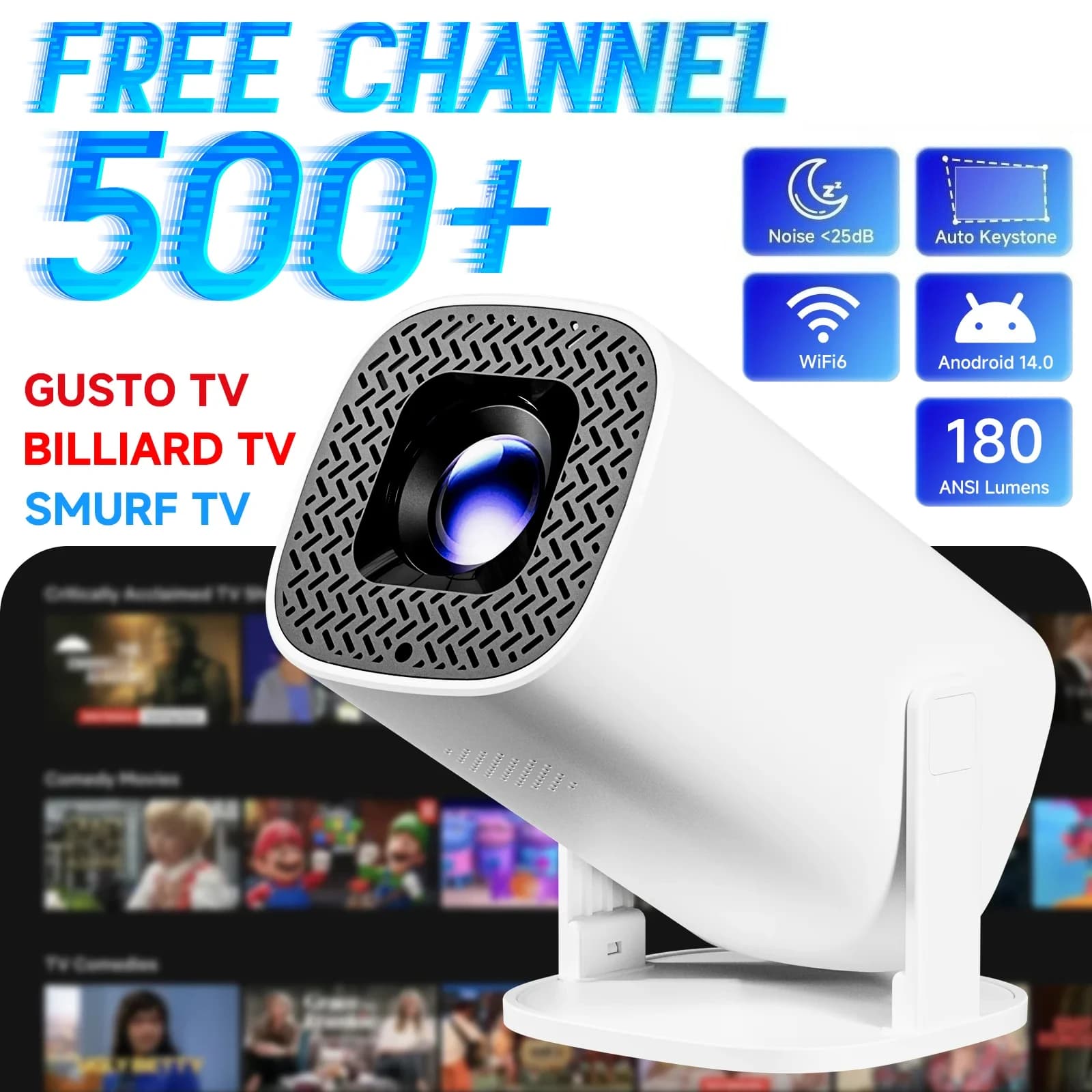 P30PLUS 500+ Proiettore Mini Smart 4K 1280 * 720P con Supporto WiFi6, Proiettore Portatile per Home Theater