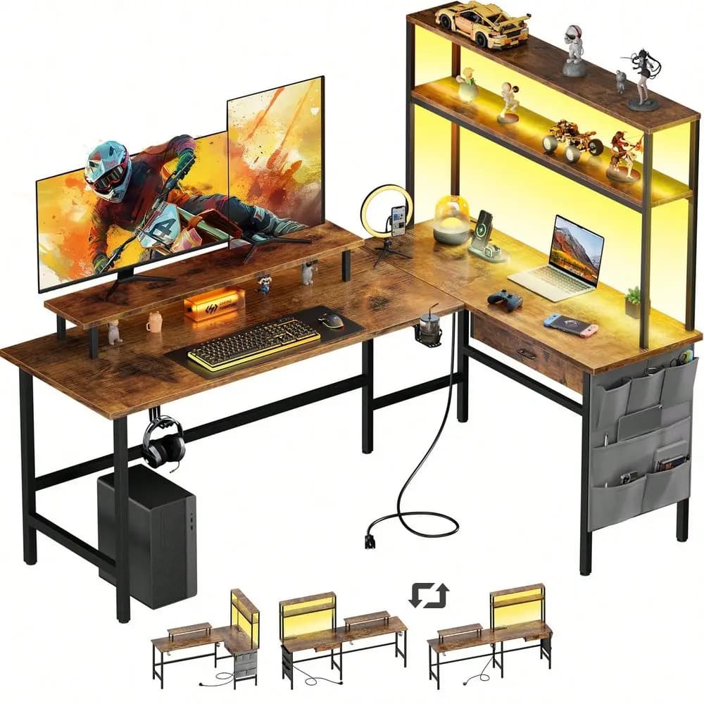 Scrivania a L con Luce LED e Presa di Corrente, Scrivania da Gaming Angolare Reversibile da 59-63 Pollici con Ripiani e Cassetto, Tavolo per Computer