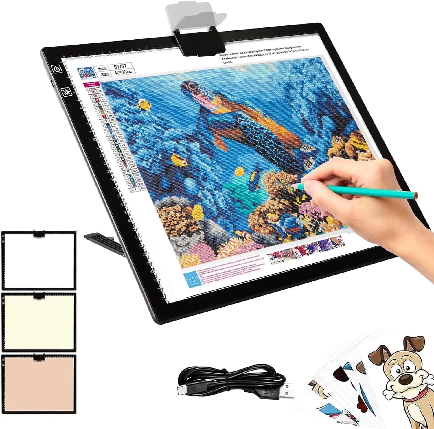 Rechargeable A3 LED Light Box w/Built-in Stand, Light Pad/Board for Diamond Painting with 2.8in Magnetic Clip, Light Board w/Power Off Memory Function, Tracing Light Pad for Kids