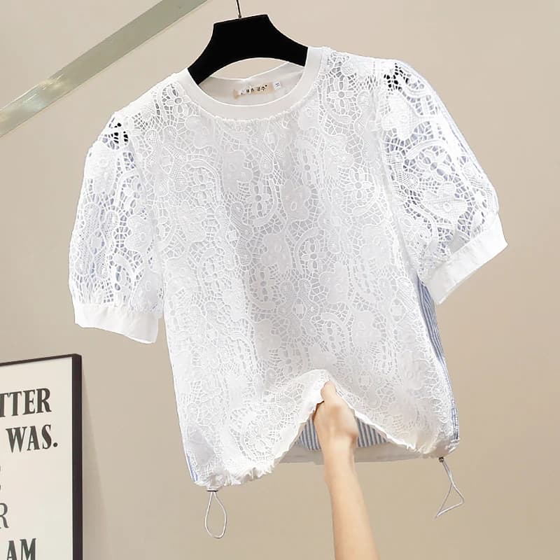 New Heavyweight Drawstring Lace Shirt Hollow out round Neck Loose Fit Women's Fashionable Commute Style Cotton Blend Short Sl...
