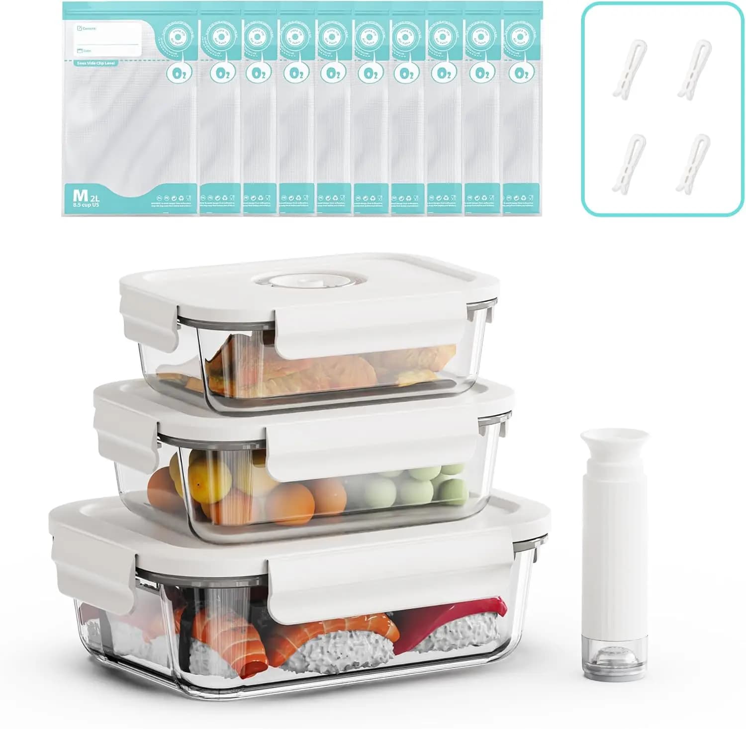 Contenitori in vetro per alimenti con chiusura sottovuoto, 3 contenitori con 10 sacchetti per cottura sous vide/1 pompa manuale, contenitore per la preparazione dei pasti.