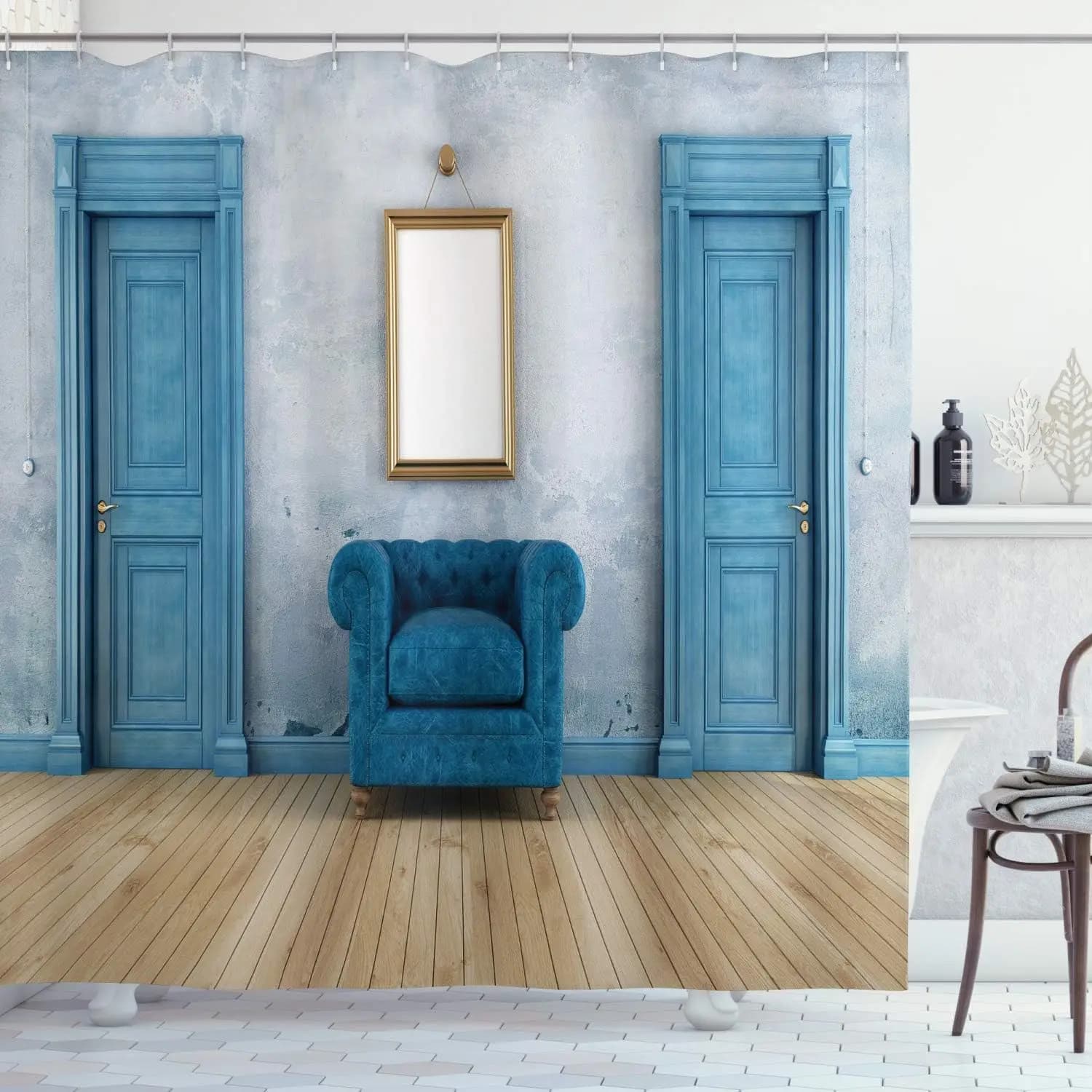 Tenda da doccia per camera blu con porte e sedia vintage Design classico per interni Tessuto impermeabile Arredamento per il bagno Stampa artistica