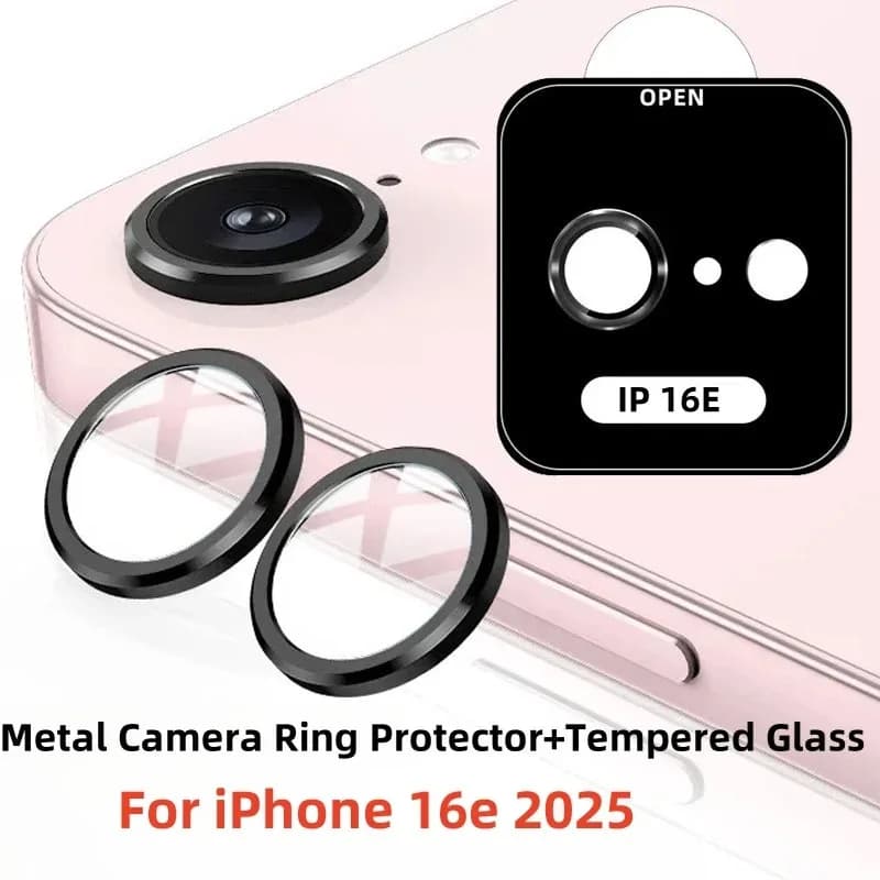 Protezione per fotocamera in metallo per IPhone 16E 2025 Custodia per anello per obiettivo fotocamera + vetro temperato per IPhone16E 16 E 16e 2025 Protezione per obiettivo posteriore