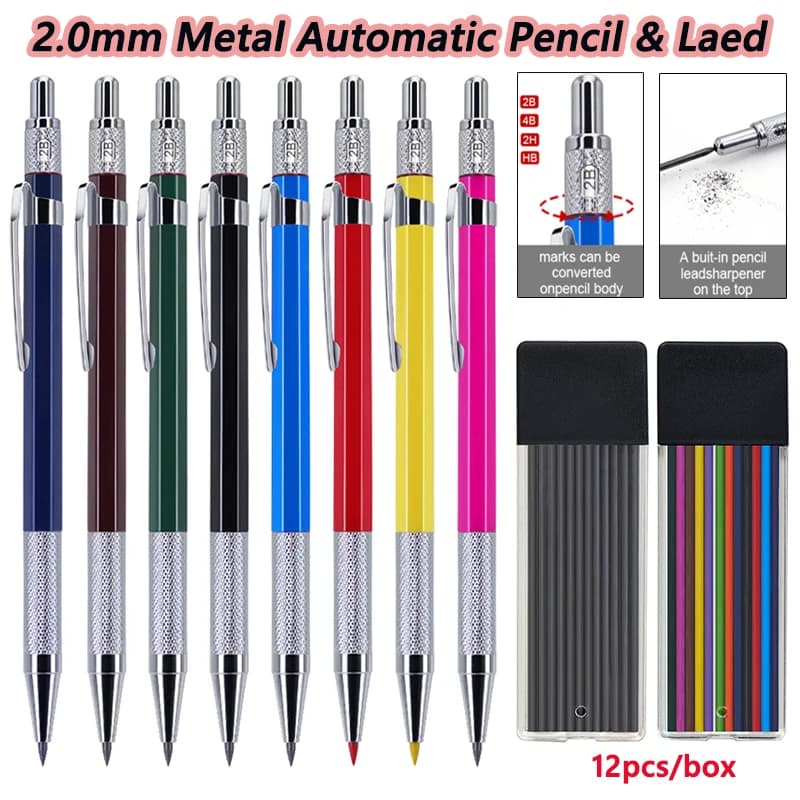New Multicolor Metal Mechanical Pencil, 2.0mm Black/Color Automatic Pencil Lead Marking Tool, School Writing Stationery Supplies