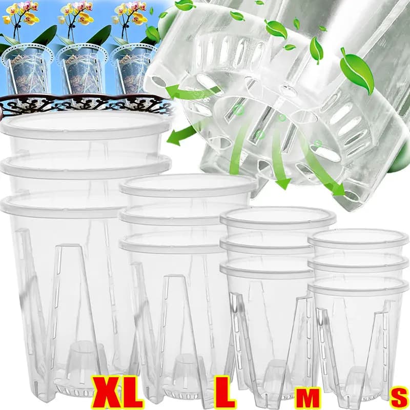 Transparent PP Plastic Plant Vase with Draining Holes, Radical Control, Breathable, For Orchids, S/M/L/XL, for Garden and Home
