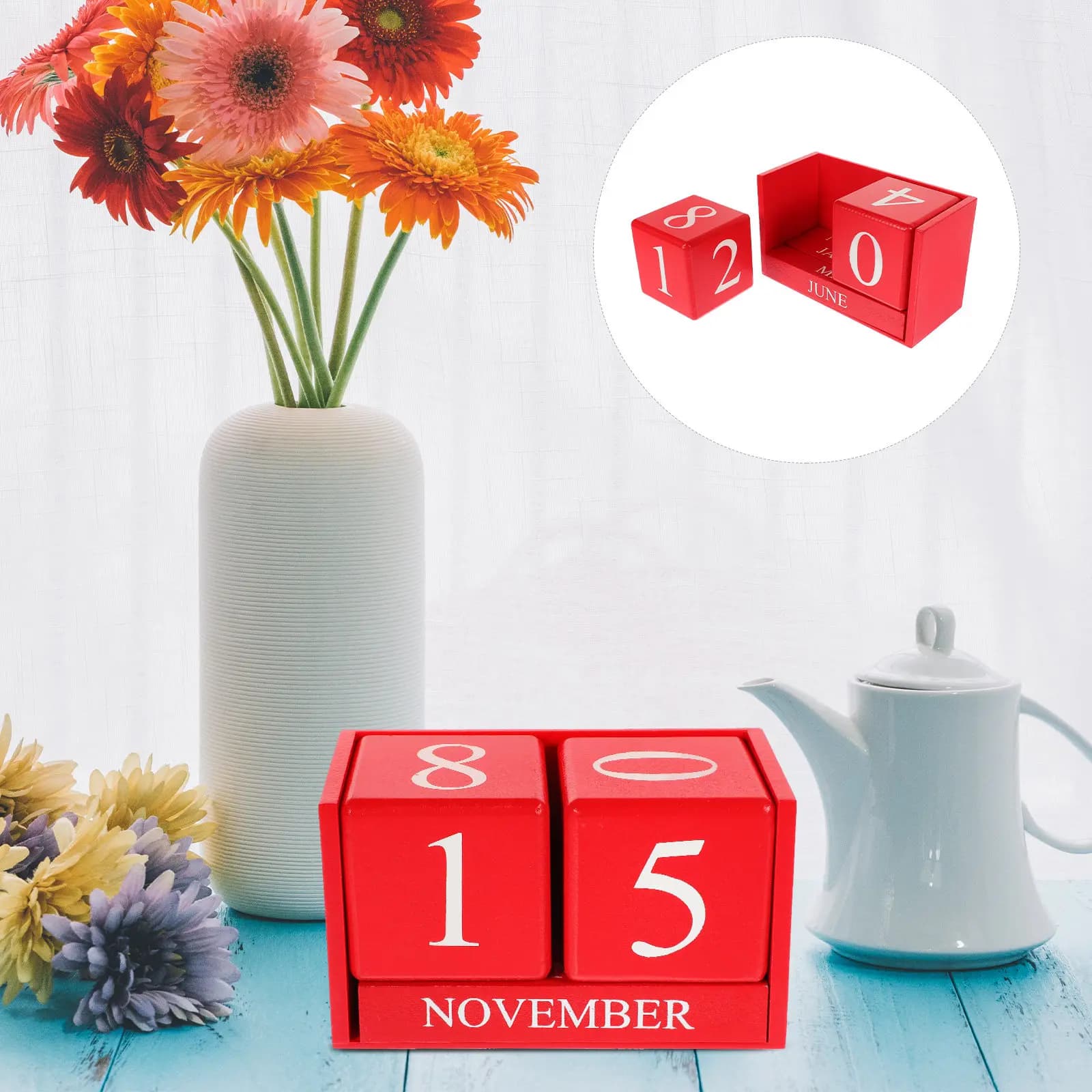 Elegante Calendario Perpetuo in Blocchi di Legno, Design da Scrivania, Data e Mese Regolabili Manualmente, Calendario Decorativo da Tavolo per Casa